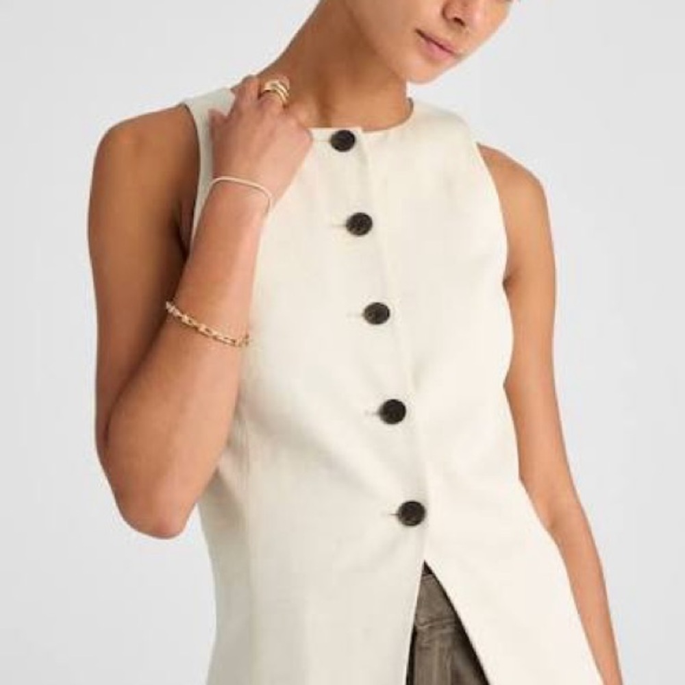 Madewell Crewneck Cutaway Vest in Drapey Twill Cream Linen Blend‎ Size 00 - Picture 3 of 14